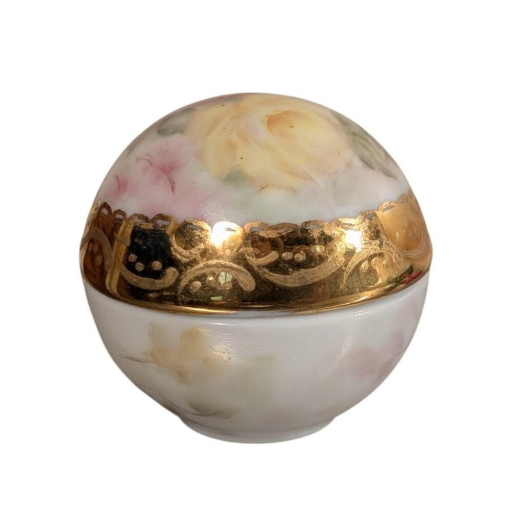 Vintage Unmarked Small Round Gilt Painted Rose Floral Lidded Trinket